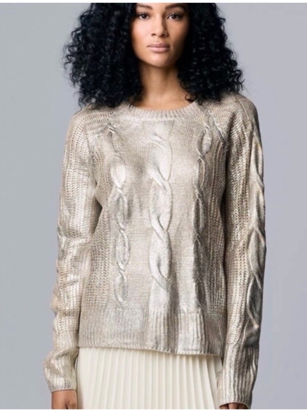 Simply Vera Metallic Cable Knit Crewneck Sweater - Champagne